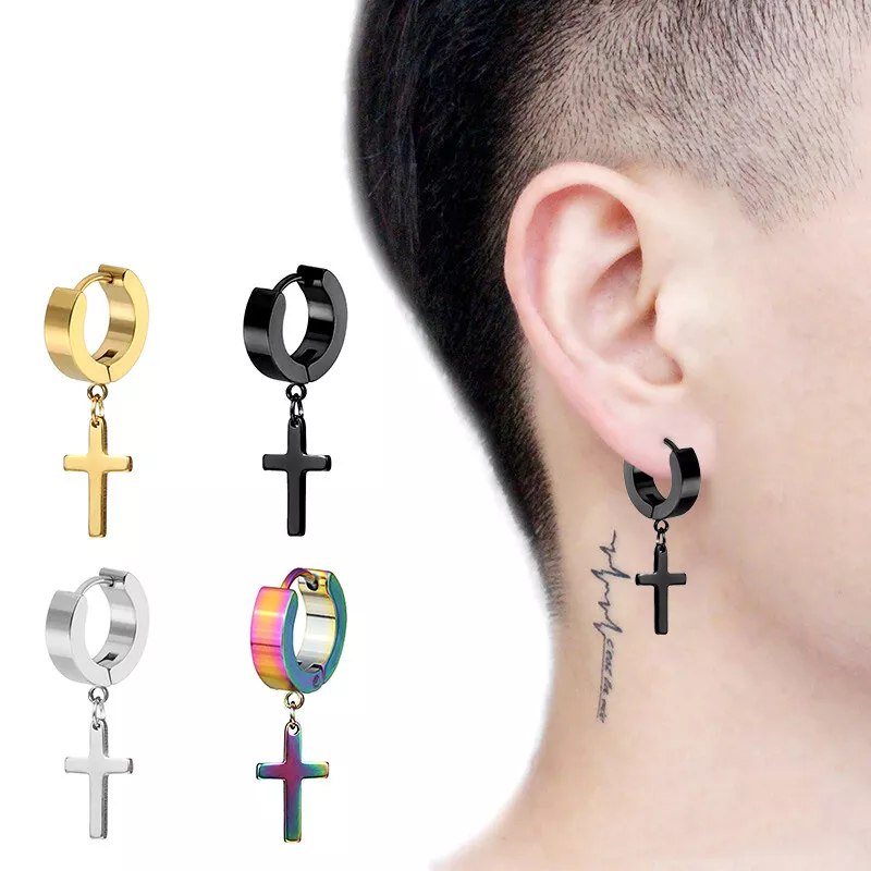 1 Pc Punk Men Ear Stud Circle Round Cross Huggie Earrings Men