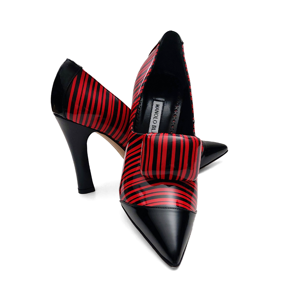 Manolo Blahnik Red & Black Striped Pointed-Toe Pumps Size 37 Manolo Blahnik Red & Black Striped Pointed-Toe Pumps Size 37