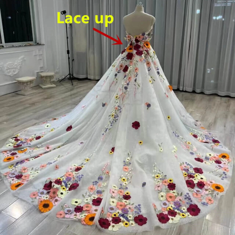 Vestidos de novia multicolores cuello corazón flores 3D sin espalda vestidos de novia Foto 2 de 4