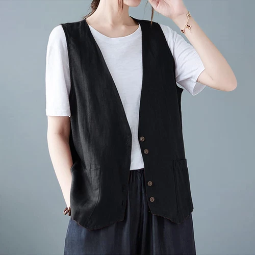 Mujeres Algodón Lino Sin Mangas Chaleco Abrigo Damas Botones Chaleco Informal Camiseta sin Mangas - Imagen 14 de 45