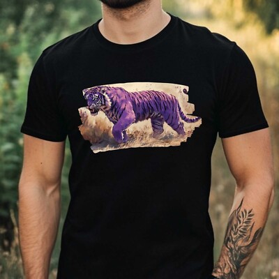 Mens Purple Tiger Print Cotton T-Shirt Size XS to 5XL