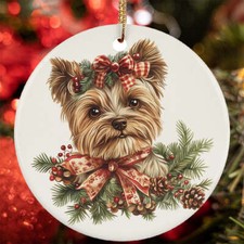 Cute Yorkshire Terrier Dog Merry Christmas Wreath Ornament Gift Tree Decor