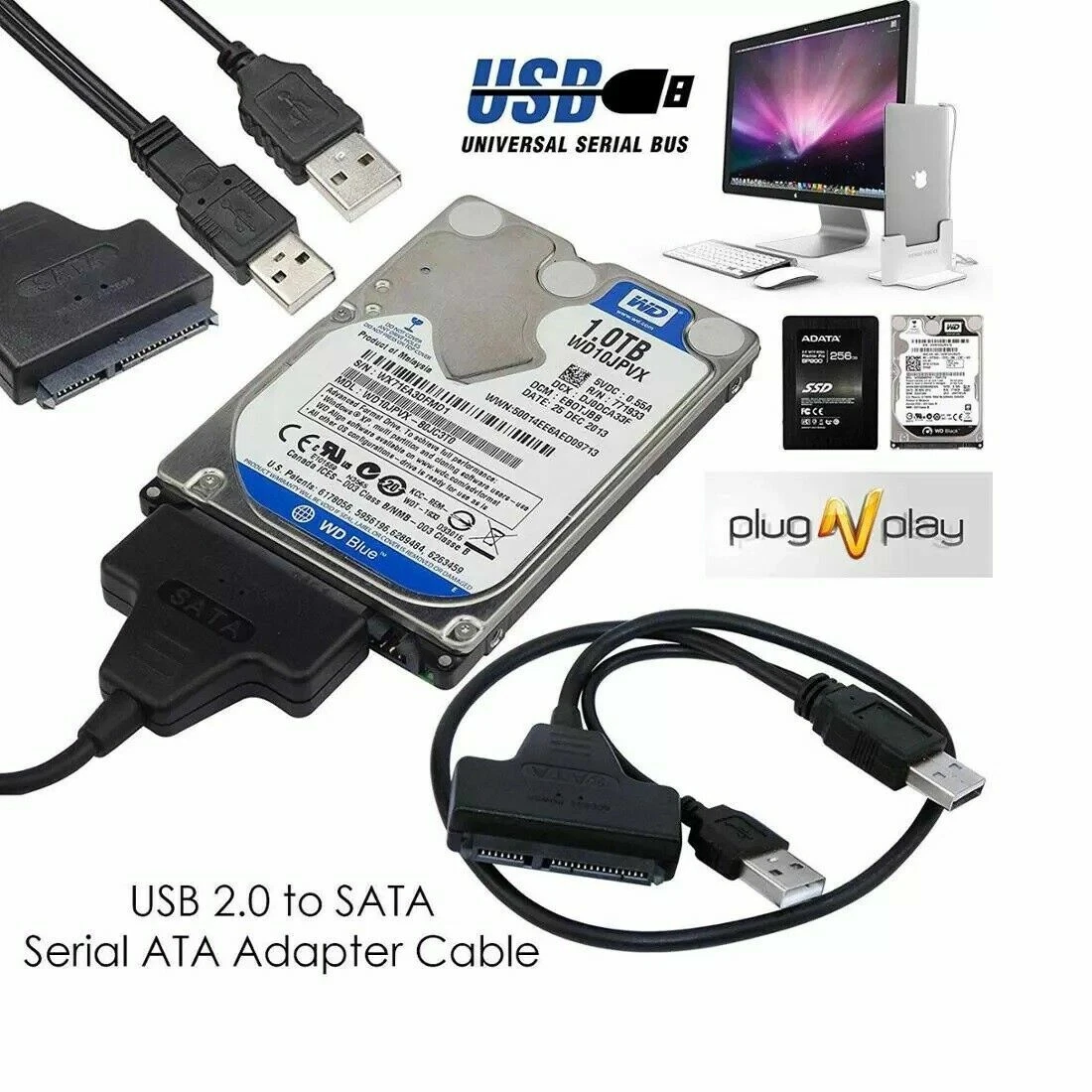 2.5 2.0 USB to 22P SATA Cable Serial ATA HDD/SSD Adapter For Laptop Hard  Drive