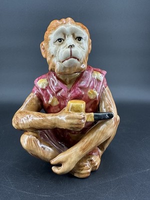 VTG Kitschy Quirky Ceramic Hand Painted Folk Art Sitting Monkey With A Pipe