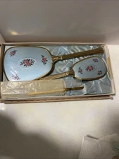 Vintage Vanity Set Mirror Blue Brush Comb Gold Tonal w/ Embroidered Rose Design