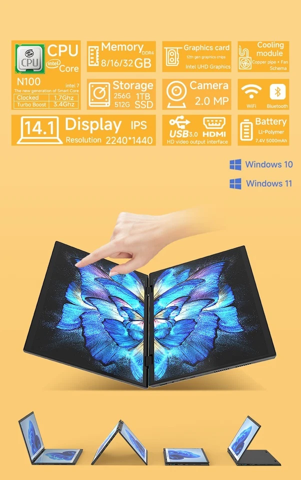 2 in 1 10 Points Touch Dual Screen Laptop 14inch 32G DDR4 M2 1TB SSD 3.4GHz 2KHD - Image 2 of 4