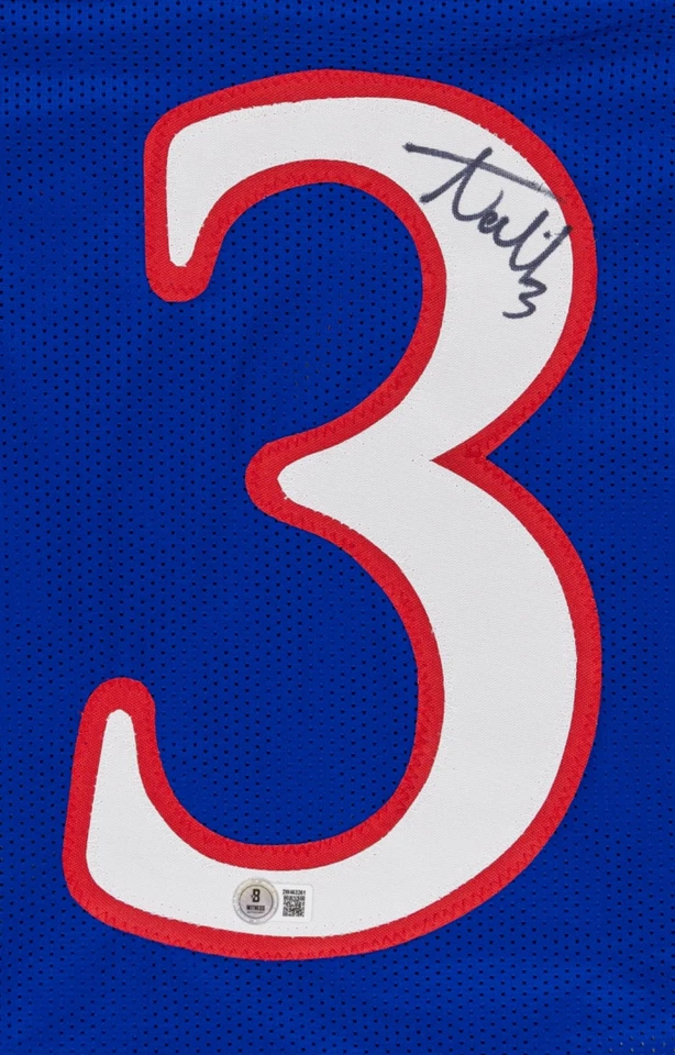 Camiseta de fútbol americano universitario azul automático de Kansas Jayhawks firmada por Aqib Talib (Beckett) Foto 3 de 4