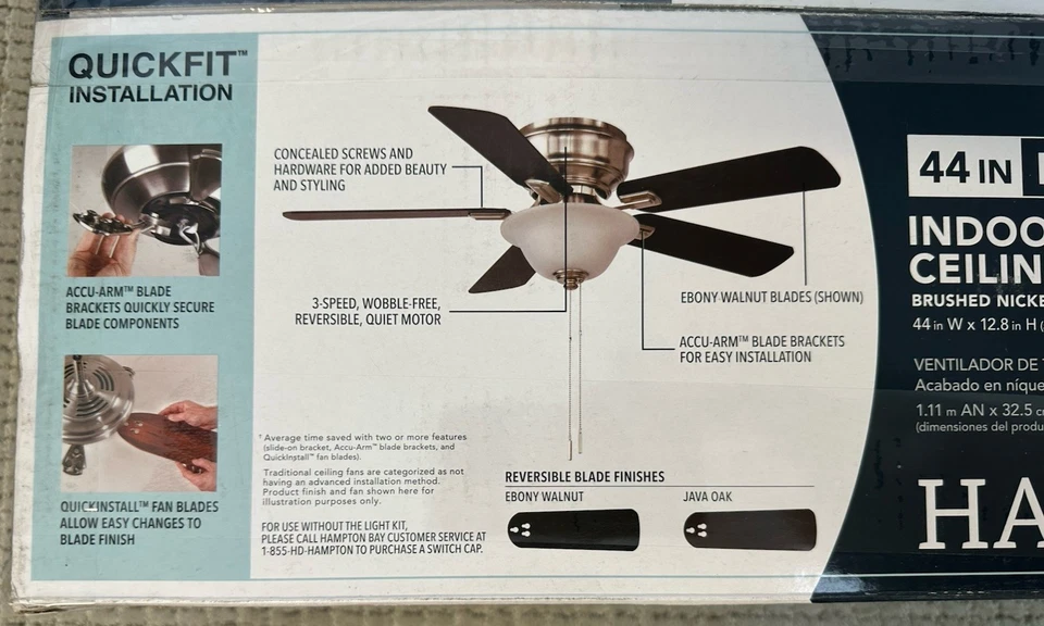 Hampton Bay Hawkins III 44 in. Indoor Brushed Nickel Flush Mount Ceiling Fan New - Image 4 of 4