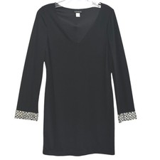 Venus Sheath Dress Womens Black Rhinestone Cuff V-Neck Long Sleeve Sparkly LBD S