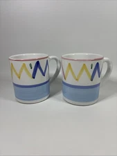 2 Caleca Sole Williams Sonoma Italian Pottery Hand Painted Coffee Mugs Signed