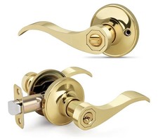 Wave Style Door Lever, Keyed Entry Door Handle with Lock, Gold Entrance Lever..