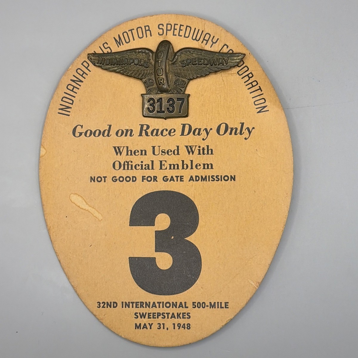 1948 Indianapolis Indy 500 Bronze Pit Pass Badge On Card | eBay
