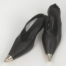 ANINE BING Nina Slingback Heels Womens 38 Black Leather Metal Toe Pointed Pumps