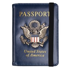 RFID Blocking Passport Holder Leather Travel Wallet Dark Blue Document Organizer