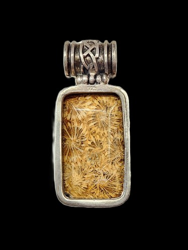 Vintage Celtic Knot Faceted Fossilized Coral Sterling Silver Hinged Slide Pendan - Picture 4 of 5