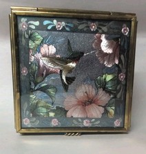 Vtg Glass trinket Box Floral  Hummingbird Design stained glass Irredescent