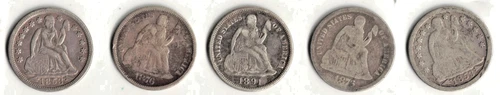Lot of 5 Seated Liberty Dimes 2- 1853 2-1876 & 1891