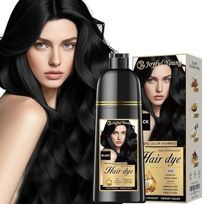 Black 3 in 1 Hair Dye Shampoo Gray Coverage Ammonia-Free Fast Color