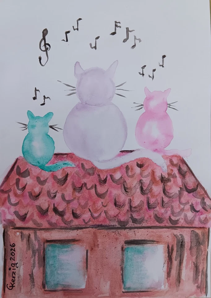 * Singende  Katzen auf dem Dach * Aquarell * handgemaltes  Unikat * NEU * - Bild 1 von 1