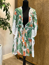NWOT Miken Swim Tropical Cover Up Lace Trim Pom Tassel Drawstring XL NEVER WORN