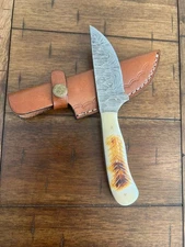 CUSTOM HANDMADE HAMMERED DAMASCUS BURNT BONE HANDLE KNIFE LEATHER SHEATH 112