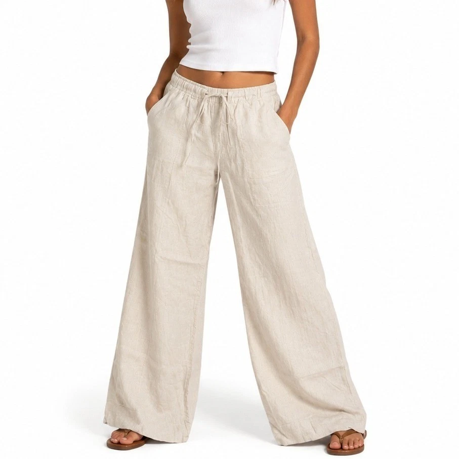A New Day Pants Women Large Beige Solid Wide Leg Modern Linen Blend Drawstring