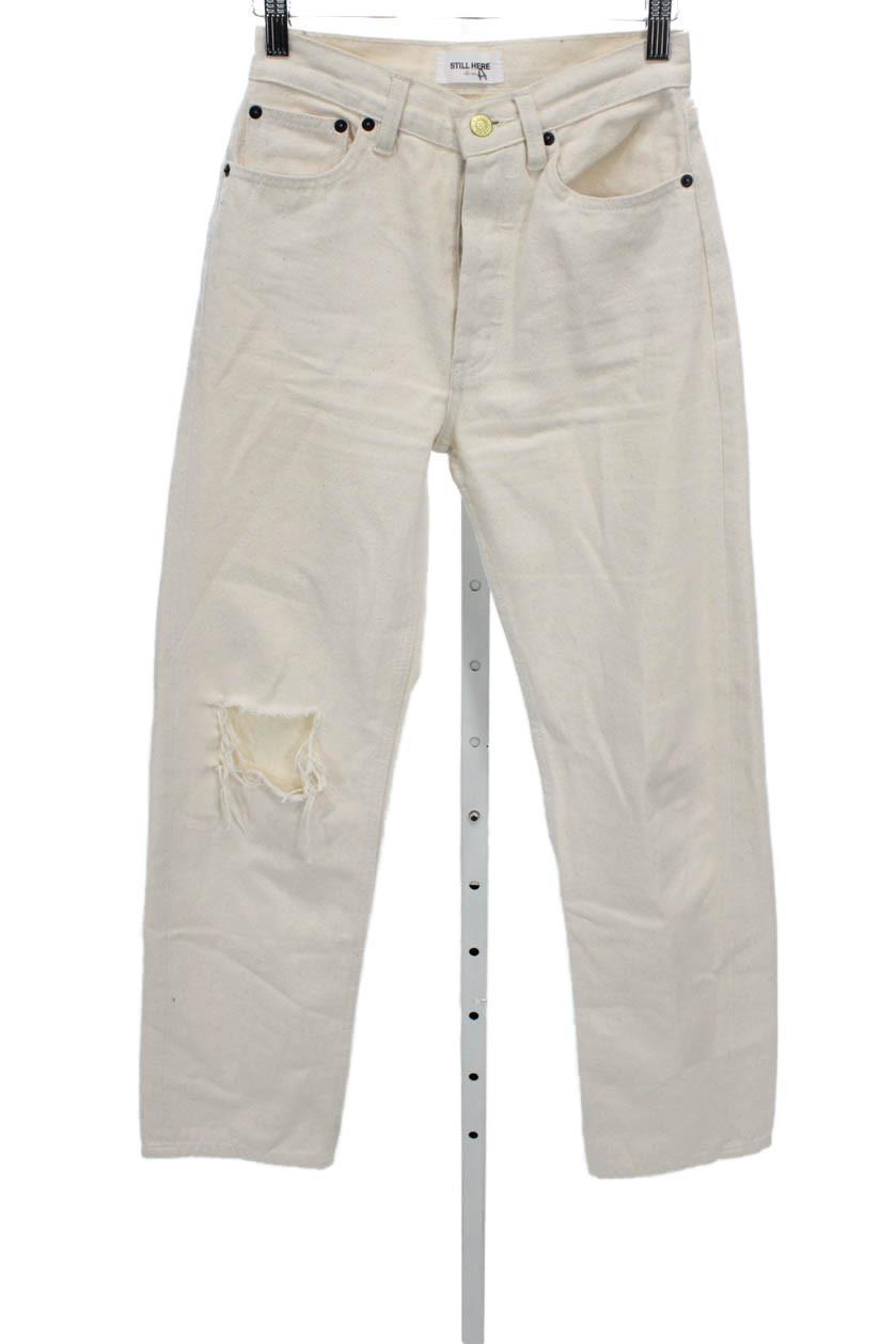 Still Here Womens Straight Ivory Jeans 100% Cotton High Rise Inseam 28 Size 24Free Shipping in US $100+ Orders | $6.95 Orders Below