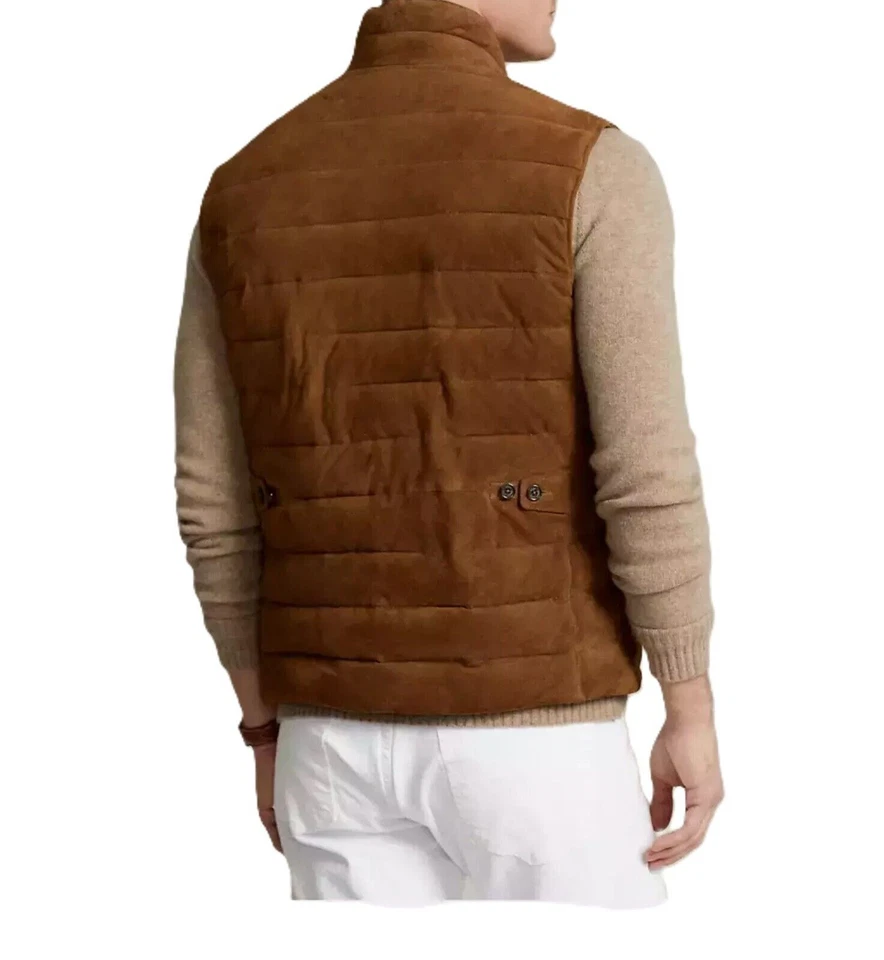 Gilet matelassé matelassé en cuir daim marron pour hommes veste zippée en... - Photo 2/4