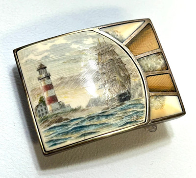 Sterling Silver Lighthouse Nautical Belt Buckle Stone Inlay Makers Mark