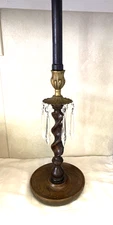 ANTIQUE BARLEY TWIST WALNUT WOOD CANDLESTICK  12” BRASS BOBECHE & PRISMS VINTAGE