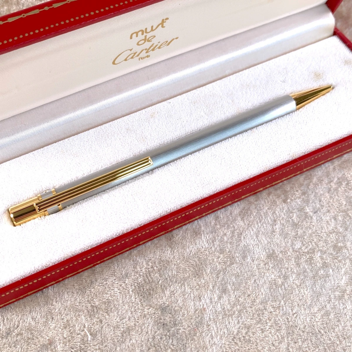 Vintage Cartier Ballpoint Pen Santos Brushed Silver Gold Finished with Case