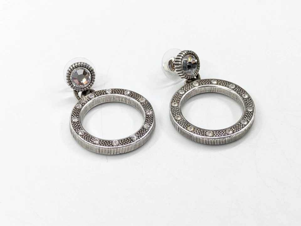 Brighton "Starburst" Hoop Rhinestone Drop Pierced Earrings Silver Plated 1.5" - Image 3 of 4
