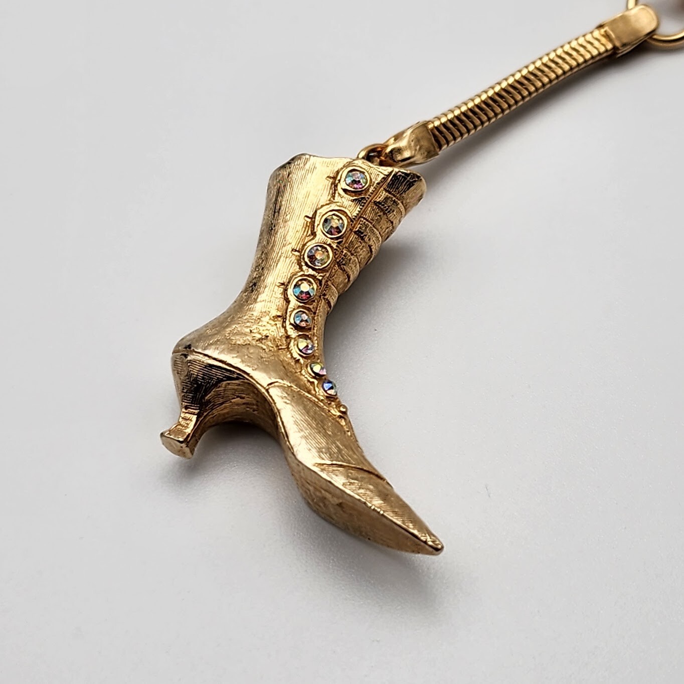 Vtg Victorian Ladies Boot Keychain AB Crystals Rhinestone Buttons Shoe Gold Tone