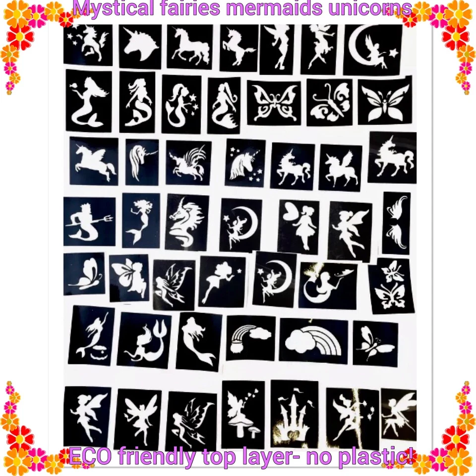 THE UNIQUE LITTLE GIFT SHOP LTD Unicorns Fairies Mermaids X 50 stencils top up Ur glitter tattoo kit face paint
