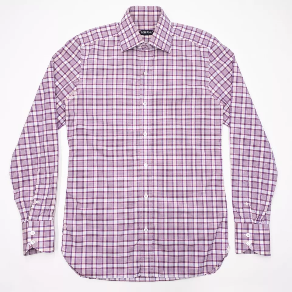 Camisa de vestir a cuadros Tom Ford para hombre 39 manga larga abotonada diseñador púrpura rosa Foto 2 de 4