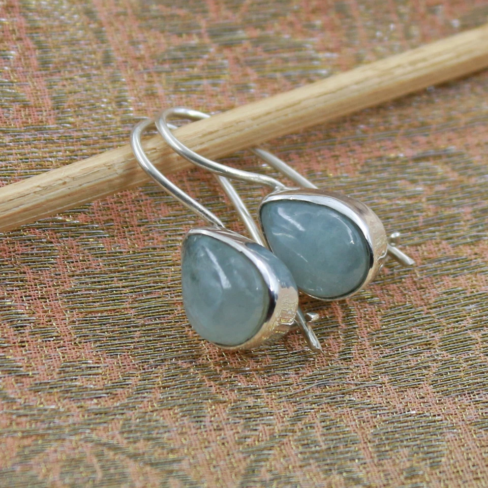 Acquamarina Orecchini Pendenti Argento Sterling 925 Gocce Moderno Cabochon Paio - Immagine 3 di 4