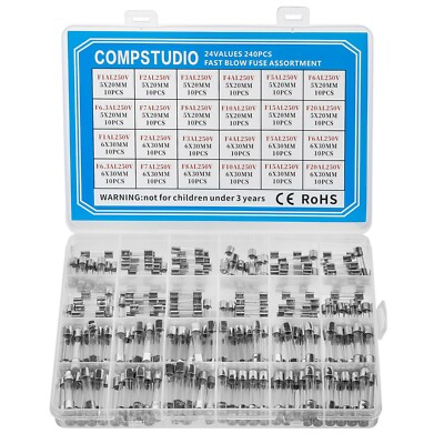 #ad 24 Values 240 Pcs Fast Blow Glass Fuses Assortment Kit 5x20mmamp;6x30mm 250V $17.99