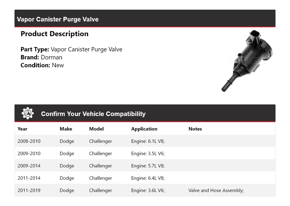 适用于 2008 - 2019 年道奇挑战者 Dorman 蒸汽罐清除阀 2009 2010 2011 — 第 2/4 张图片