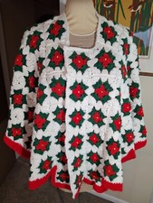 Vintage Handmade Granny Square Crochet Shawl Wrap Boho Red Green Christmas