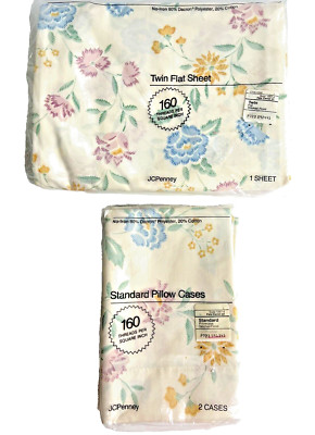 Vtg JC Penney Twin Size Flat Sheet & 2 Pillow Cases Pale Camel Floral Print NOS