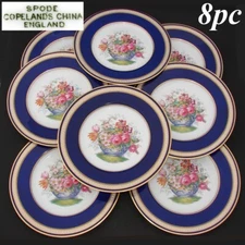 Antique Copeland's Spode 8pc 10 3/8" Cabinet Plate Set, Raised Gold with Flowers