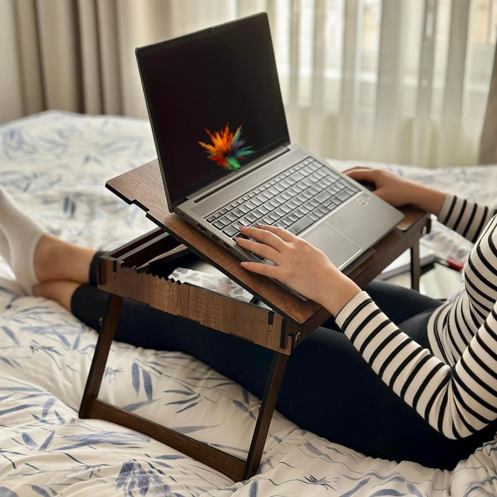 Adjustable Foldable Laptop Stand for Bed with Built-In Storage Tray  