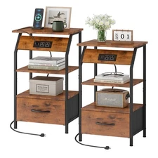 Set of 2 Nightstand with Charging Station USB Ports Drawer End Table Bedroom