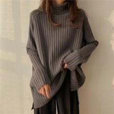 Spring Women Long Sleeve High Neck Knit Knitwear Pullover Top Mid Long Sweaters