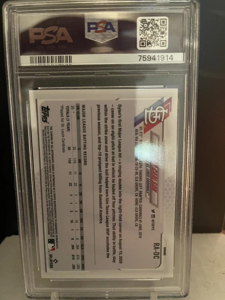 Dylan Carlson 2021 Topps Chrome Sapphire RC Auto Autograph PSA 10 - Image 2 of 2