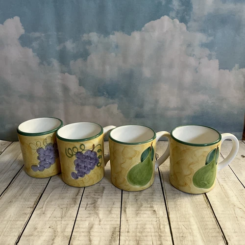 Set Of 4 Caleca Frutta Hand Painted Italian Pear Plum Fruit Ceramic Mug Cups