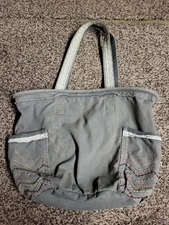 Thirty-One Gray Distressed Tote Bag Lace and Embroidery Details Chevron Pattern