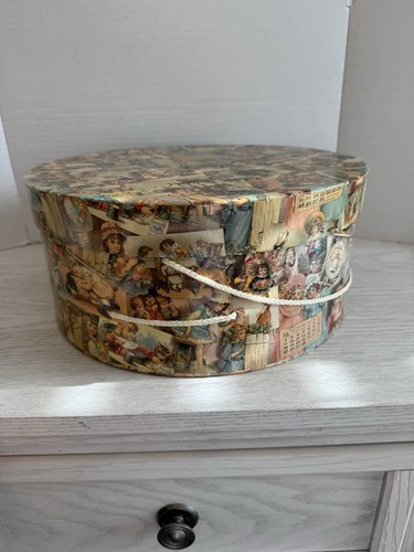 Hat Box Round Storage Decorative Victorian Children Print Travel Preowned L👀K