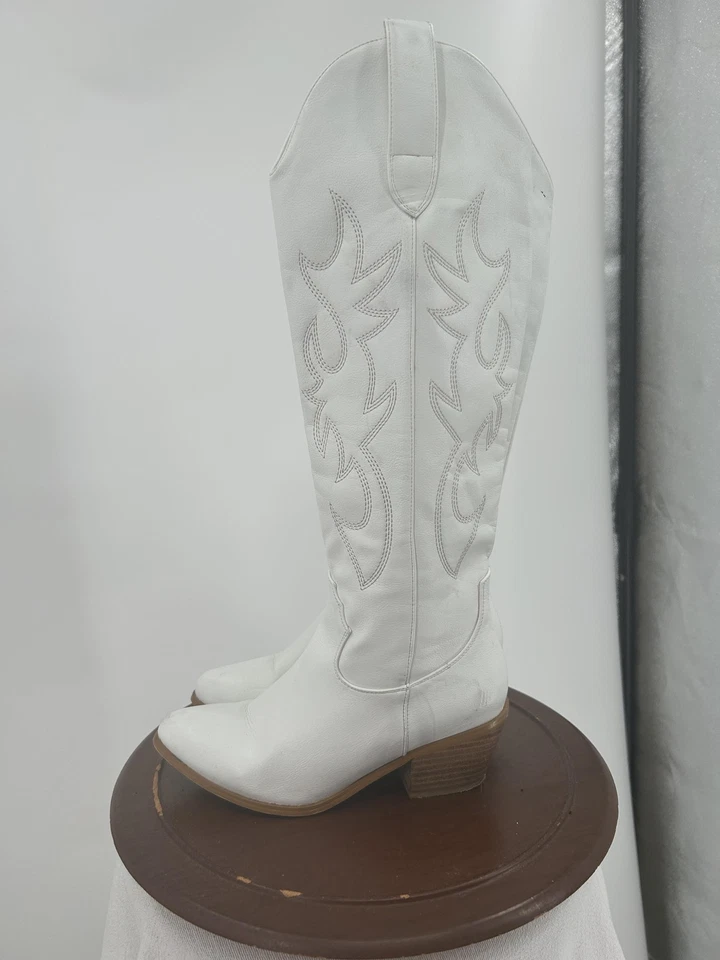 Cowboy Western Boots Womens Size 5 White Tall Knee High Embroidered Stacked Heel - Image 3 of 4