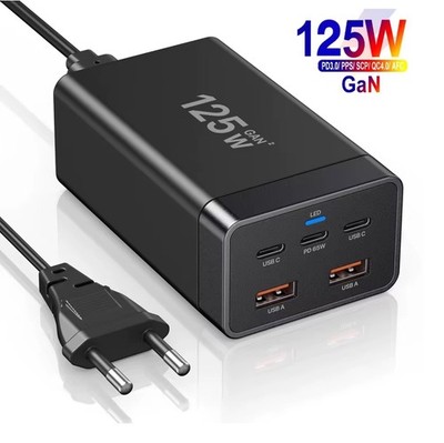 USB-C Ladegerät,125W Schnellladegerät für Laptops,5-Port-USB Mehrfach,GaN